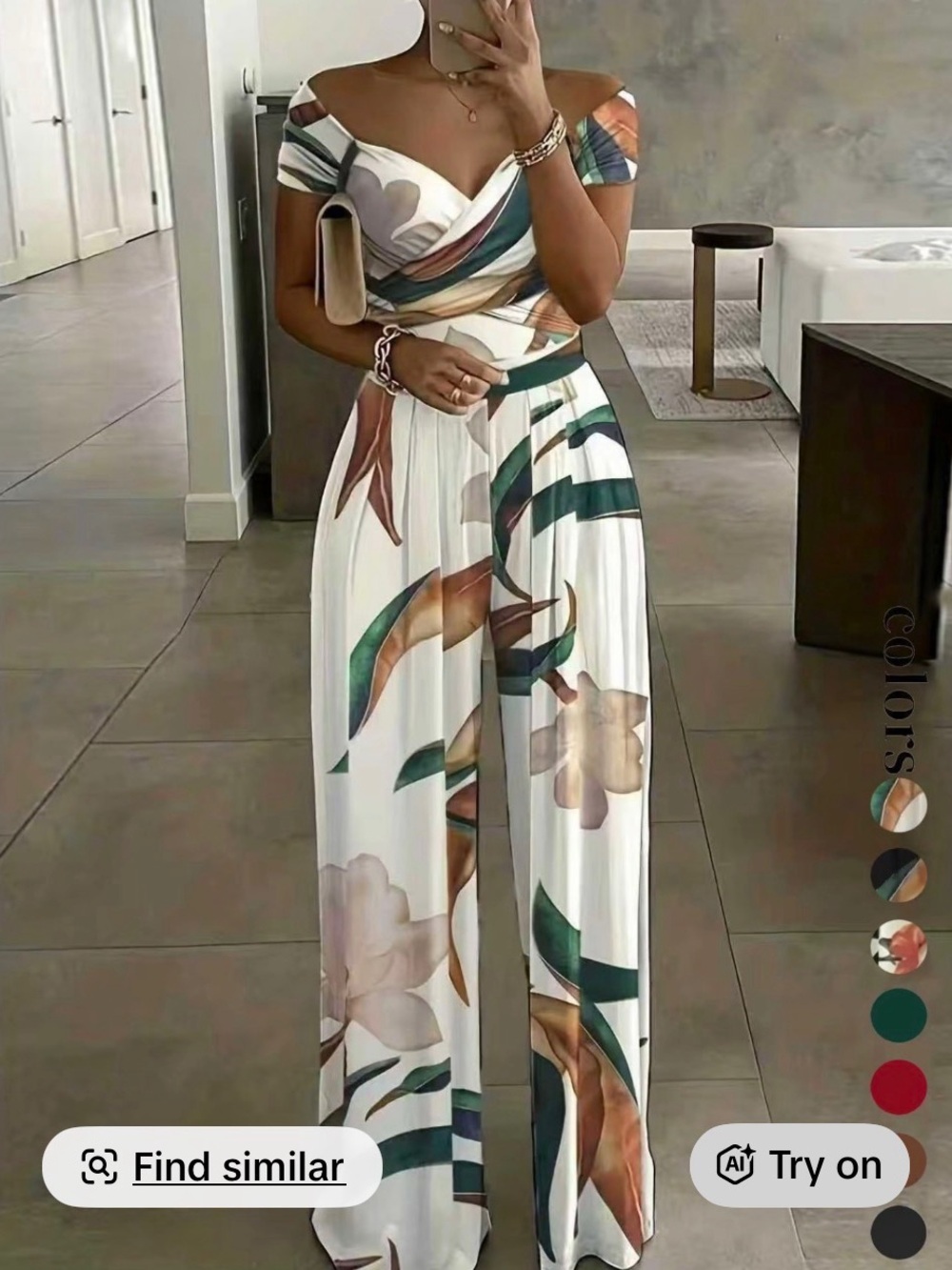 Off-Shoulder Floral Wide-Leg Jumpsuit in White and Green